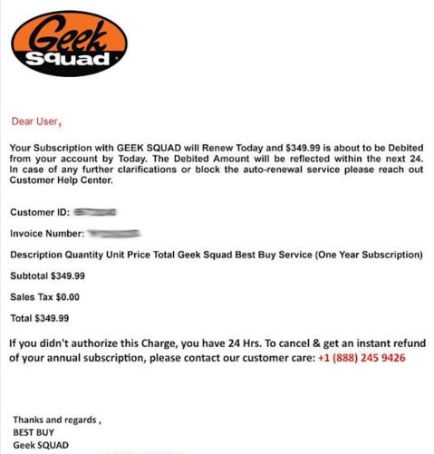 'Geek Squad' Email Scam screenshot